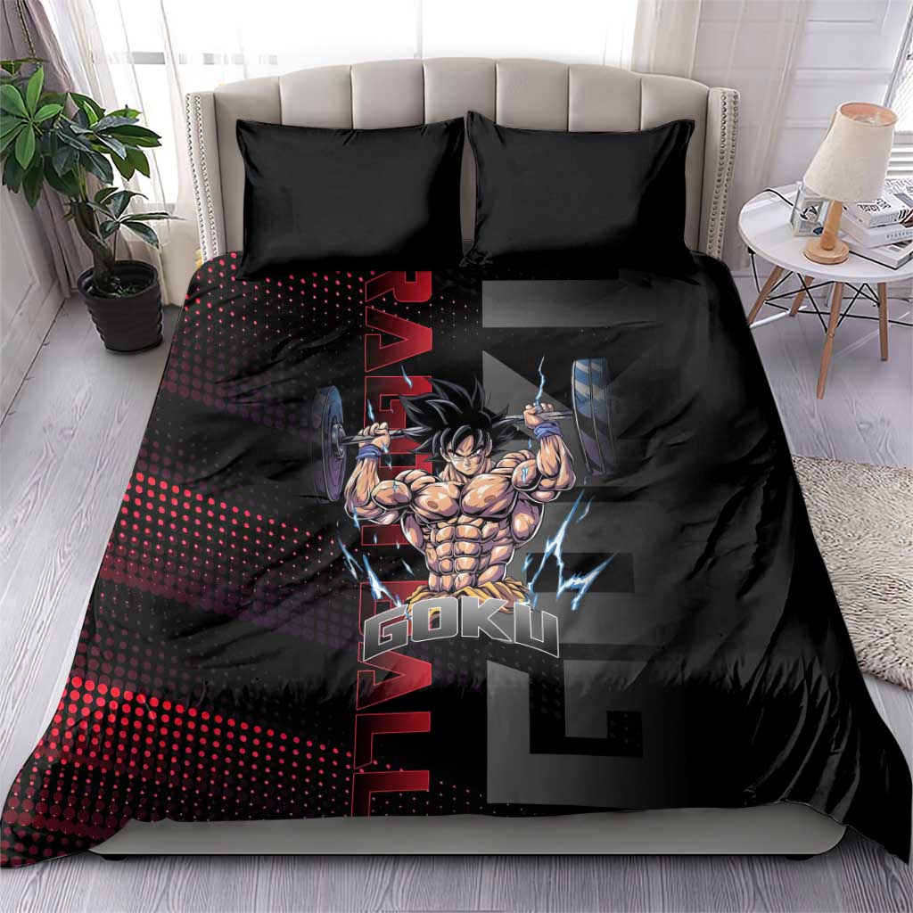 Goku Gym Theme Black and Red Design Bedding Set with Dumbbell Lightning Art and Muscle Training Pose - The Mazicc