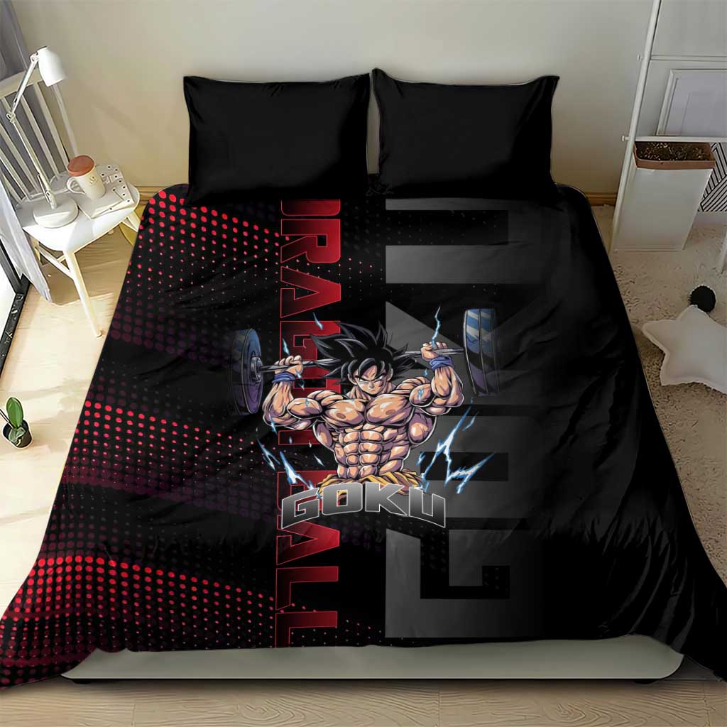 Goku Gym Theme Black and Red Design Bedding Set with Dumbbell Lightning Art and Muscle Training Pose - The Mazicc