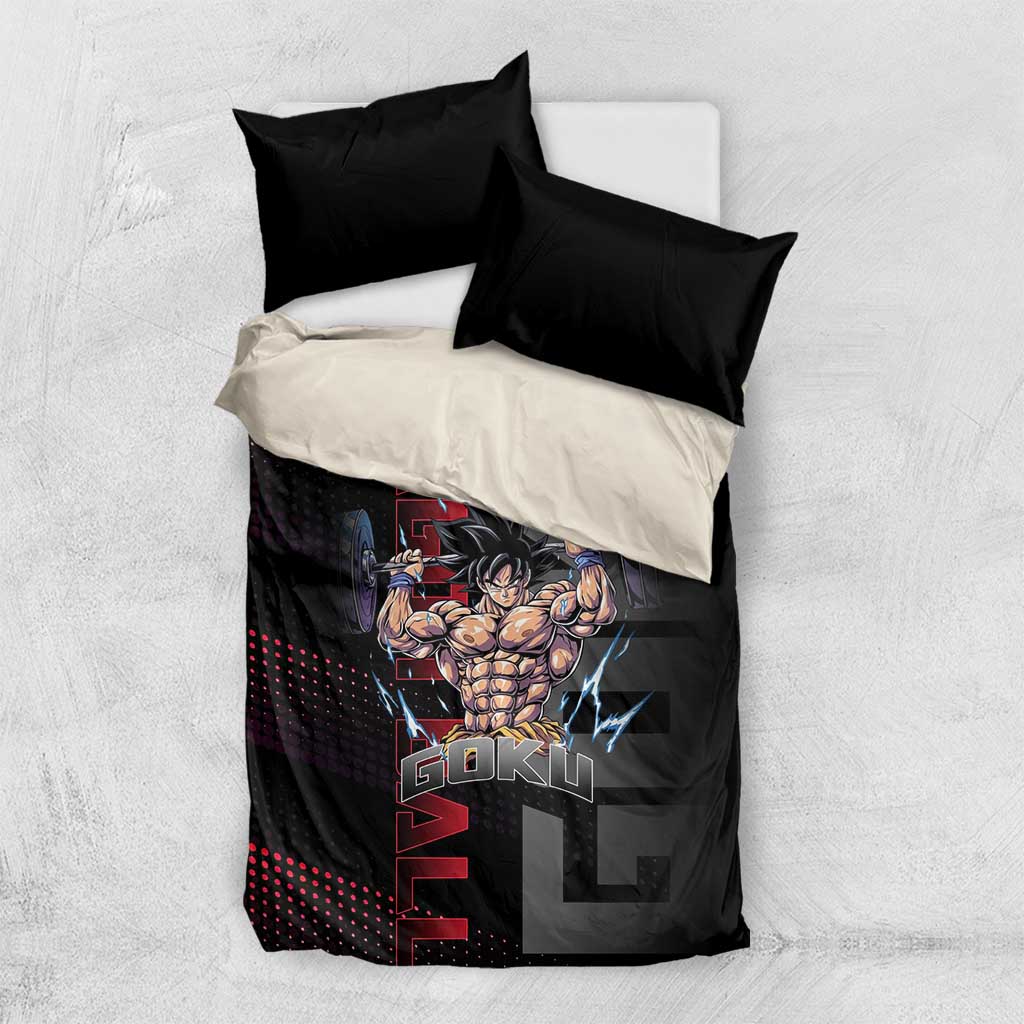 Goku Gym Theme Black and Red Design Bedding Set with Dumbbell Lightning Art and Muscle Training Pose - The Mazicc