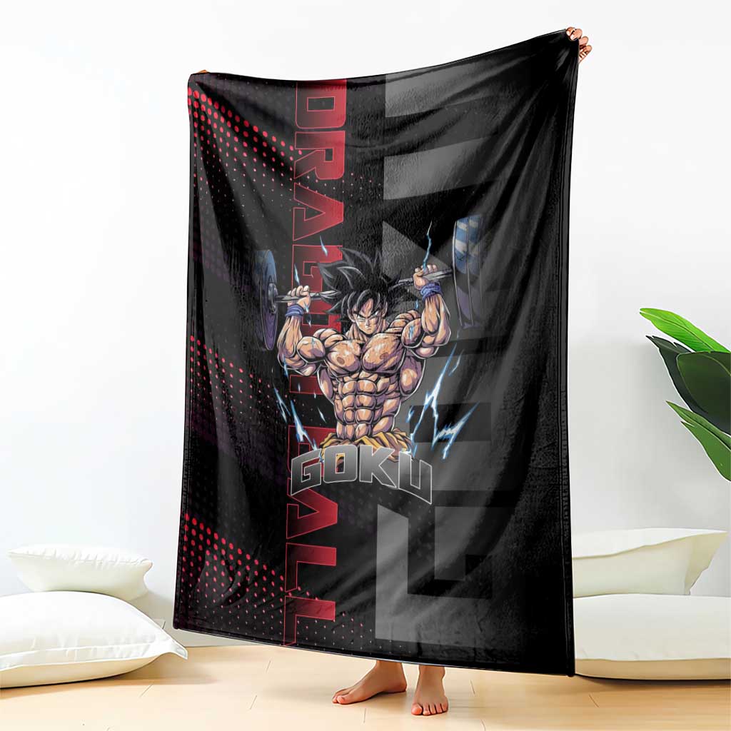 Goku Gym Theme Black and Red Design Blanket with Dumbbell Lightning Art and Muscle Training Pose - The Mazicc