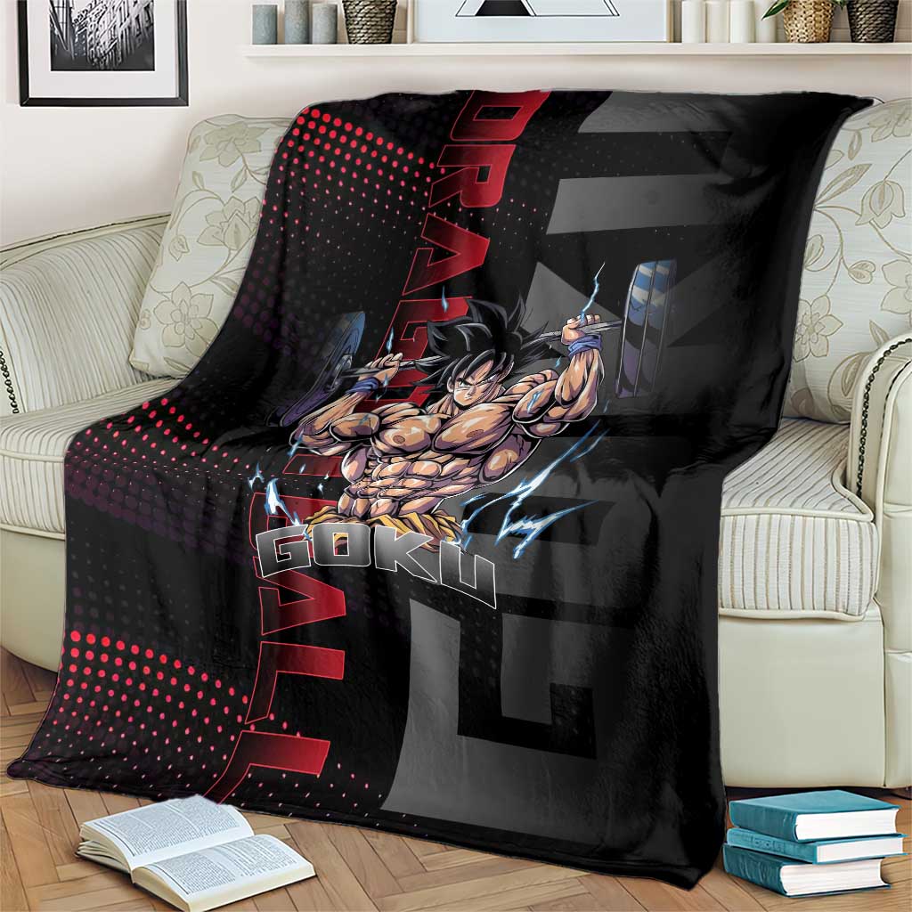 Goku Gym Theme Black and Red Design Blanket with Dumbbell Lightning Art and Muscle Training Pose - The Mazicc