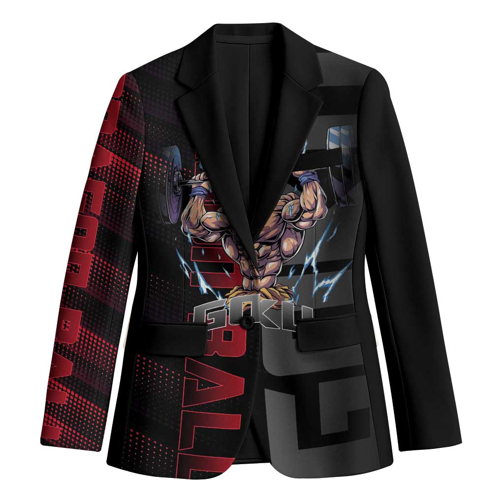 Goku Gym Theme Black and Red Design Blazer with Dumbbell Lightning Art and Muscle Training Pose - The Mazicc