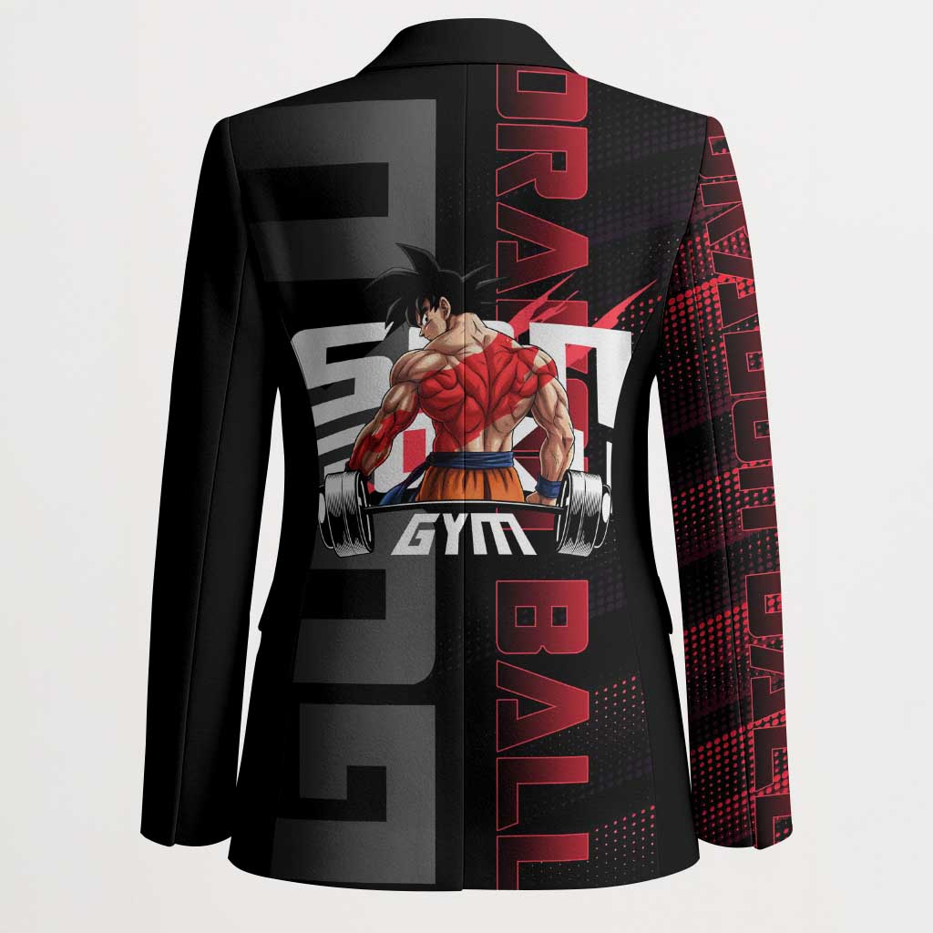 Goku Gym Theme Black and Red Design Blazer with Dumbbell Lightning Art and Muscle Training Pose - The Mazicc