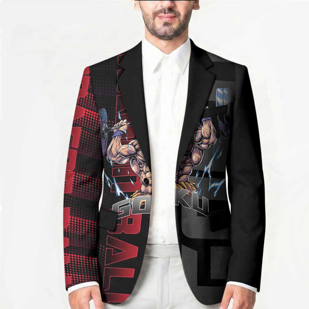 Goku Gym Theme Black and Red Design Blazer with Dumbbell Lightning Art and Muscle Training Pose - The Mazicc