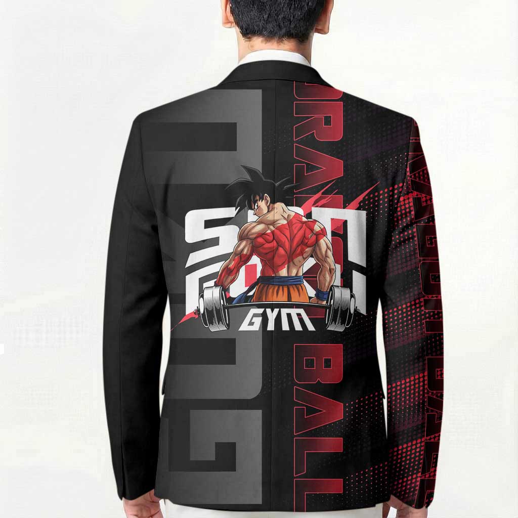 Goku Gym Theme Black and Red Design Blazer with Dumbbell Lightning Art and Muscle Training Pose - The Mazicc