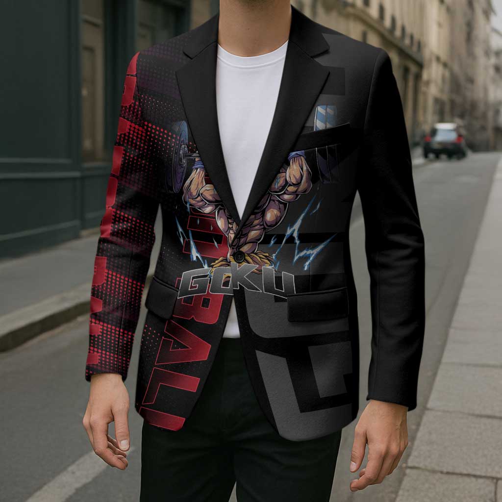 Goku Gym Theme Black and Red Design Blazer with Dumbbell Lightning Art and Muscle Training Pose - The Mazicc