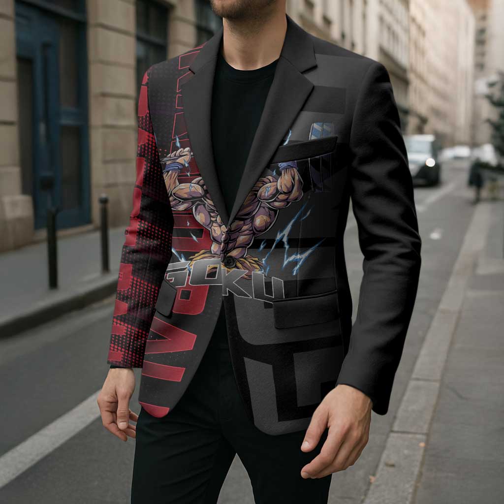 Goku Gym Theme Black and Red Design Blazer with Dumbbell Lightning Art and Muscle Training Pose - The Mazicc