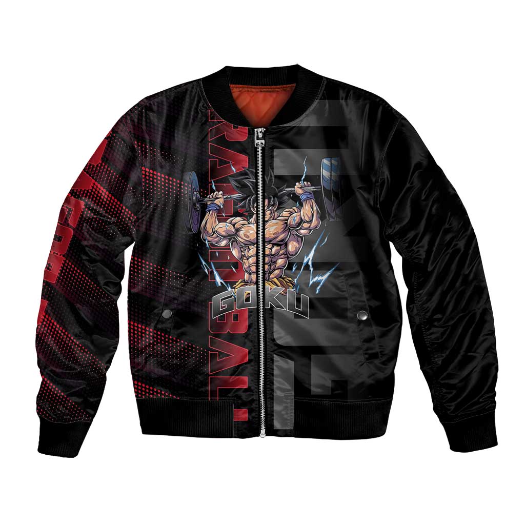 Goku Gym Theme Black and Red Design Bomber Jacket with Dumbbell Lightning Art and Muscle Training Pose - The Mazicc