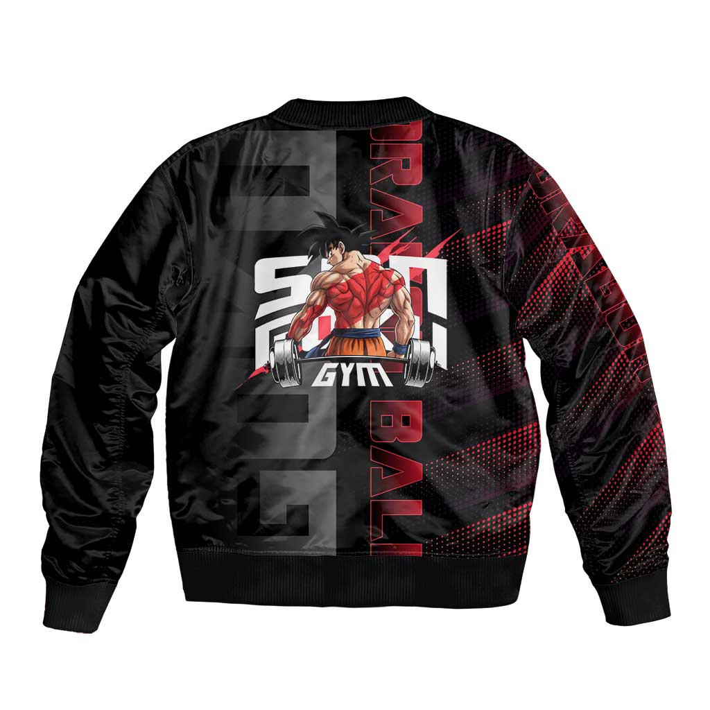Goku Gym Theme Black and Red Design Bomber Jacket with Dumbbell Lightning Art and Muscle Training Pose - The Mazicc