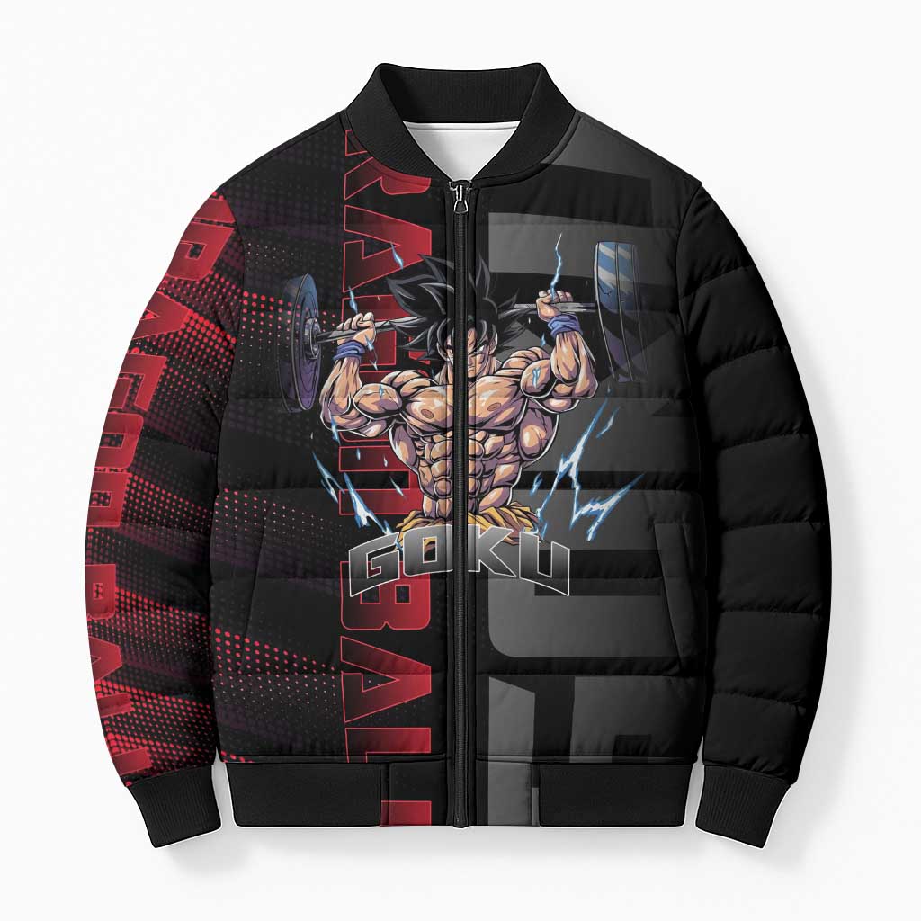 Goku Gym Theme Black and Red Design Bomber Puffer Jacket with Dumbbell Lightning Art and Muscle Training Pose - The Mazicc