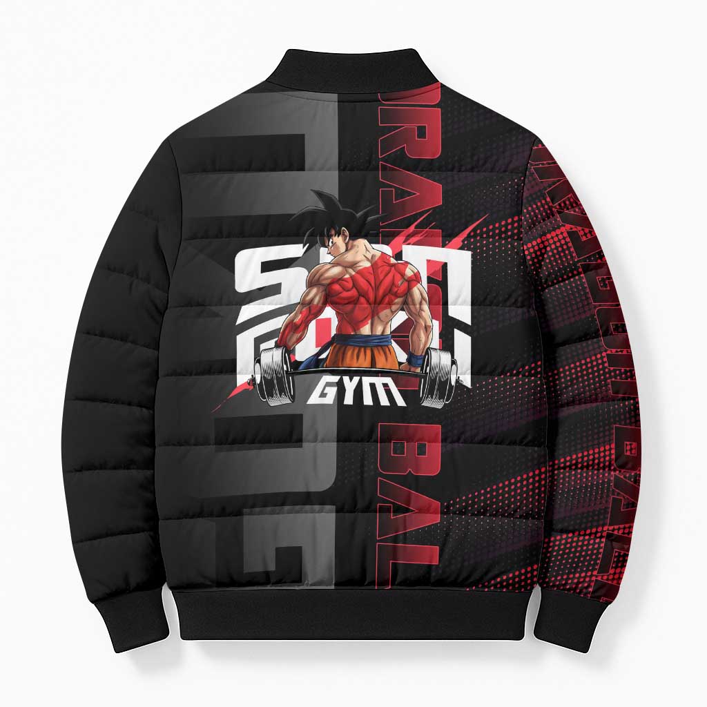 Goku Gym Theme Black and Red Design Bomber Puffer Jacket with Dumbbell Lightning Art and Muscle Training Pose - The Mazicc