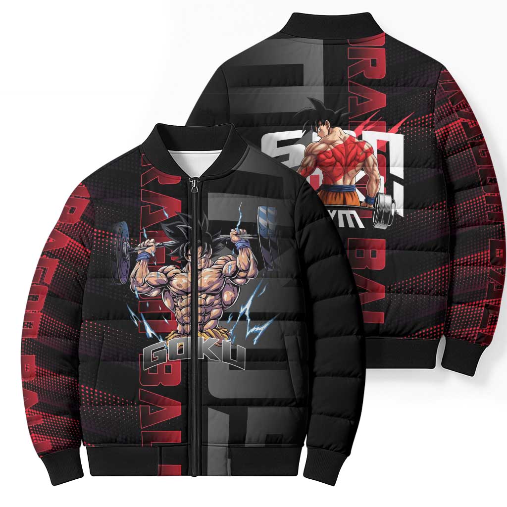 Goku Gym Theme Black and Red Design Bomber Puffer Jacket with Dumbbell Lightning Art and Muscle Training Pose - The Mazicc