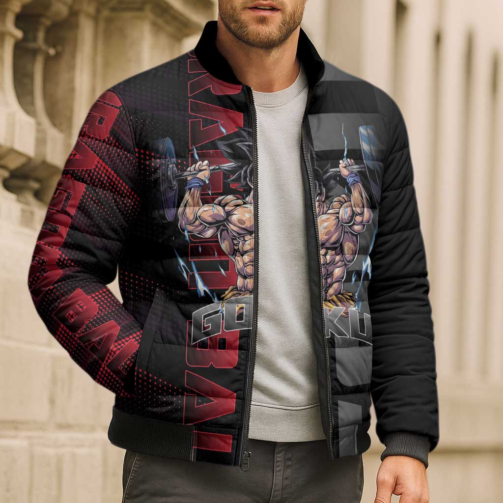 Goku Gym Theme Black and Red Design Bomber Puffer Jacket with Dumbbell Lightning Art and Muscle Training Pose - The Mazicc
