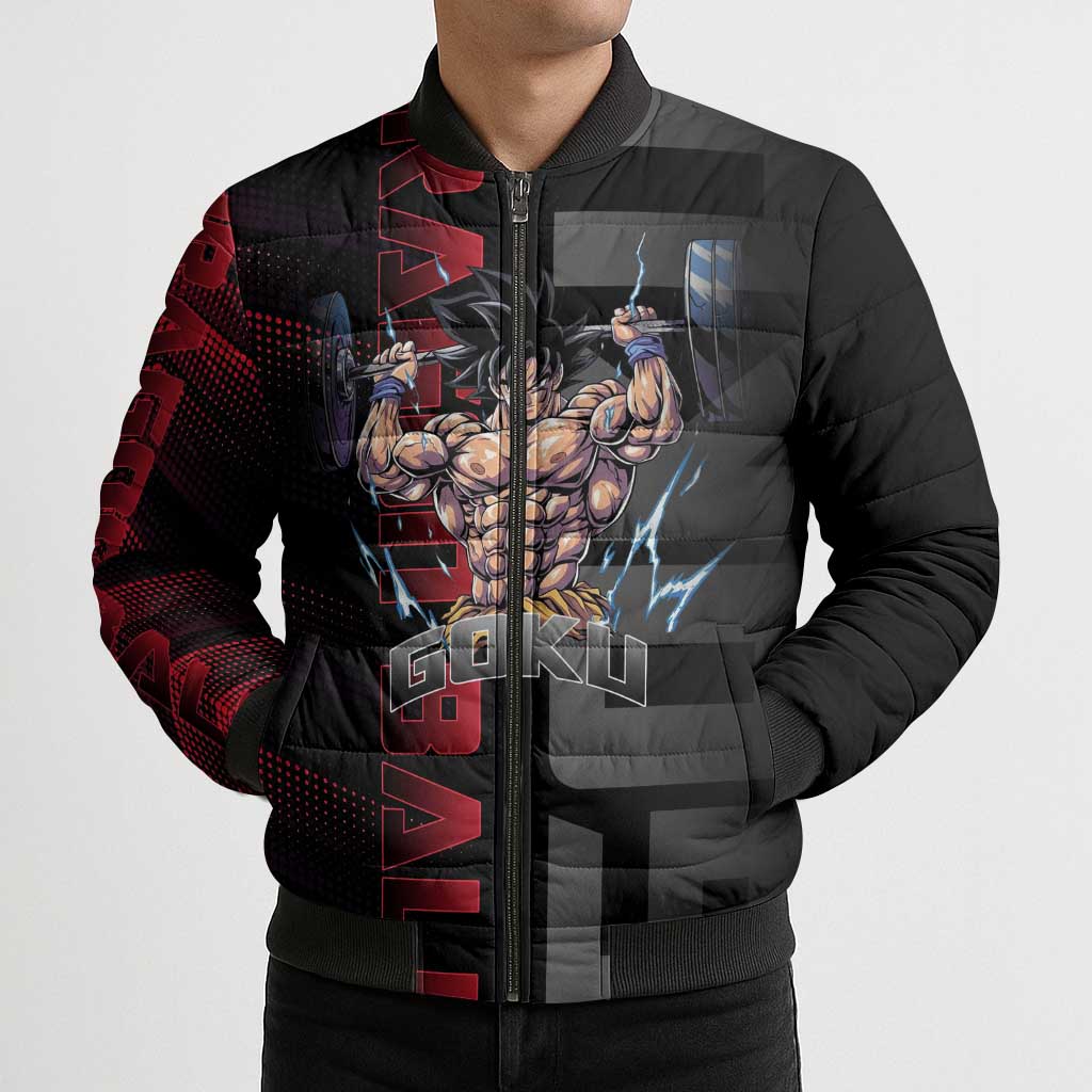 Goku Gym Theme Black and Red Design Bomber Puffer Jacket with Dumbbell Lightning Art and Muscle Training Pose - The Mazicc