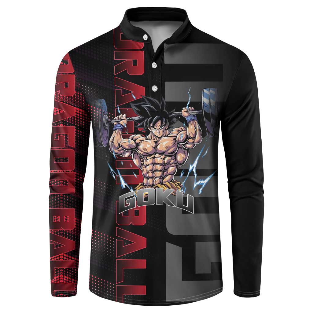 Goku Gym Theme Black and Red Design Button Sweatshirt with Dumbbell Lightning Art and Muscle Training Pose - The Mazicc