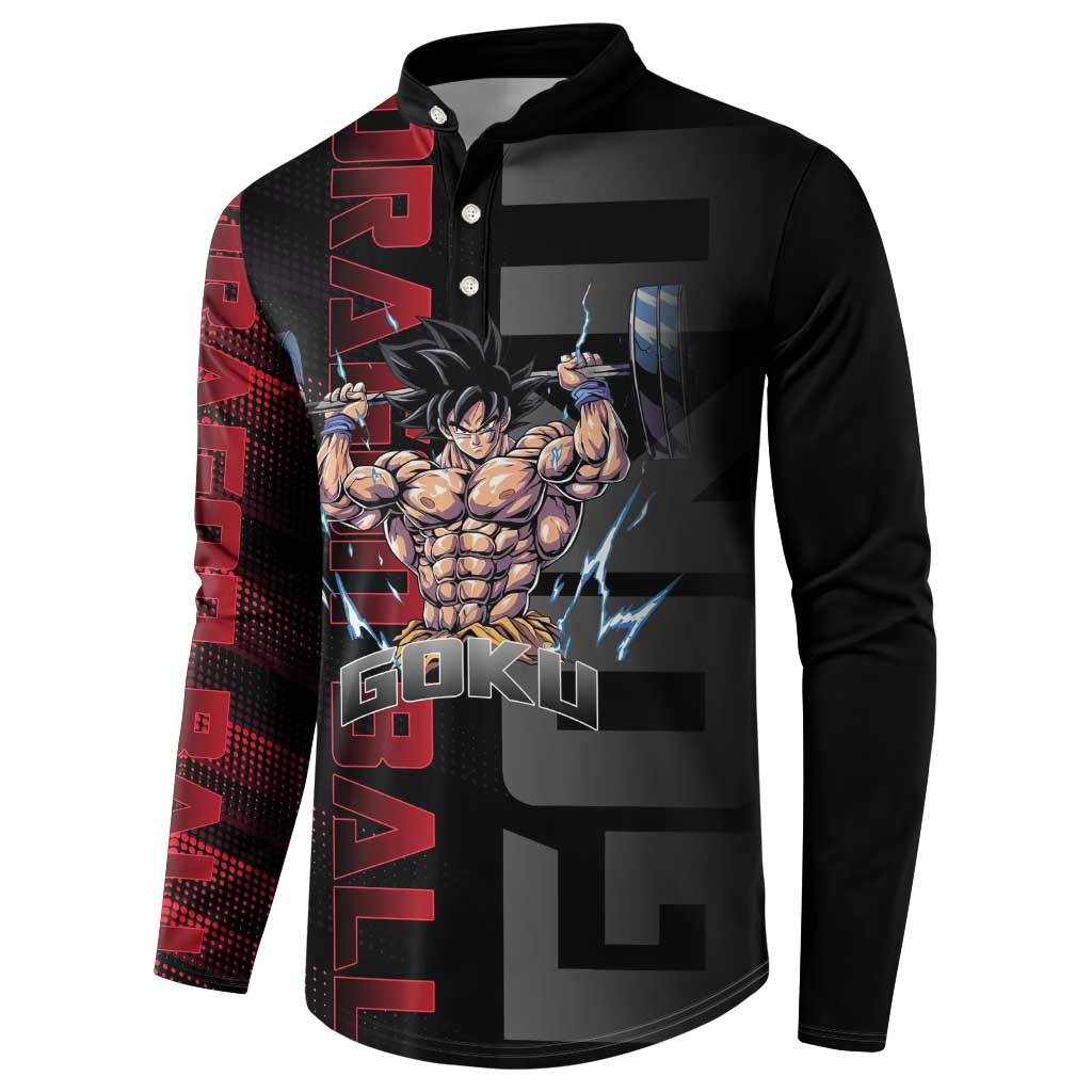 Goku Gym Theme Black and Red Design Button Sweatshirt with Dumbbell Lightning Art and Muscle Training Pose - The Mazicc