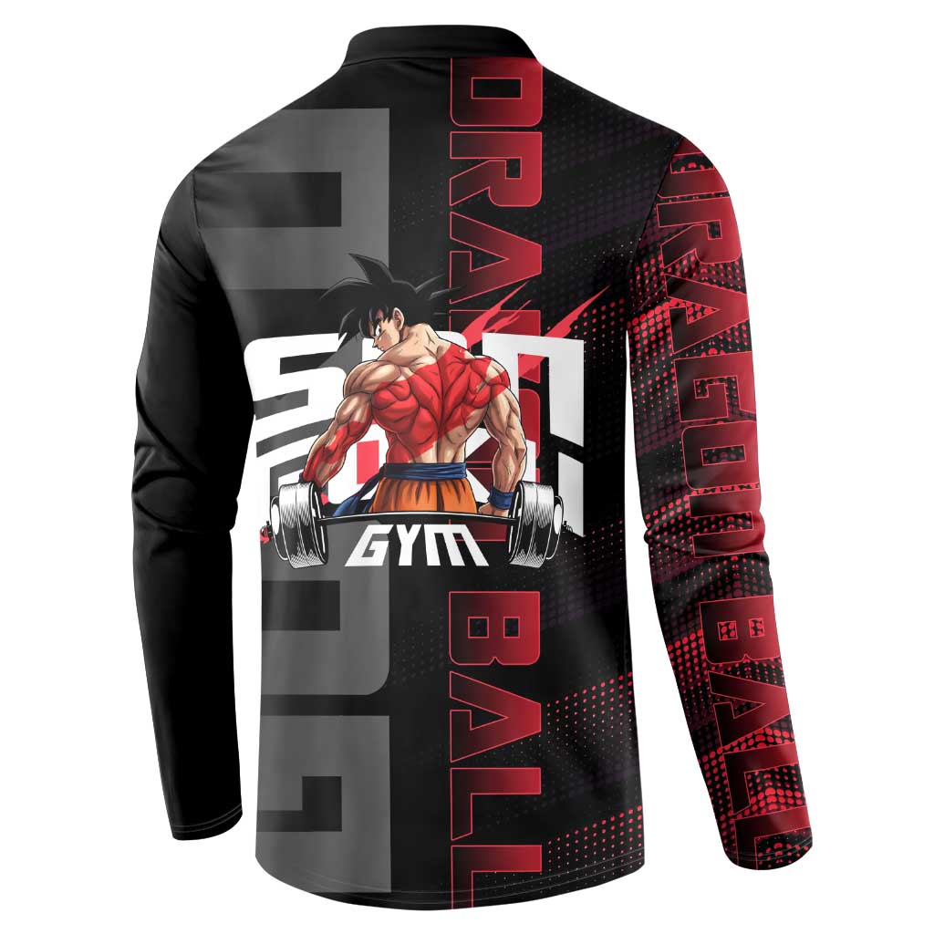 Goku Gym Theme Black and Red Design Button Sweatshirt with Dumbbell Lightning Art and Muscle Training Pose - The Mazicc