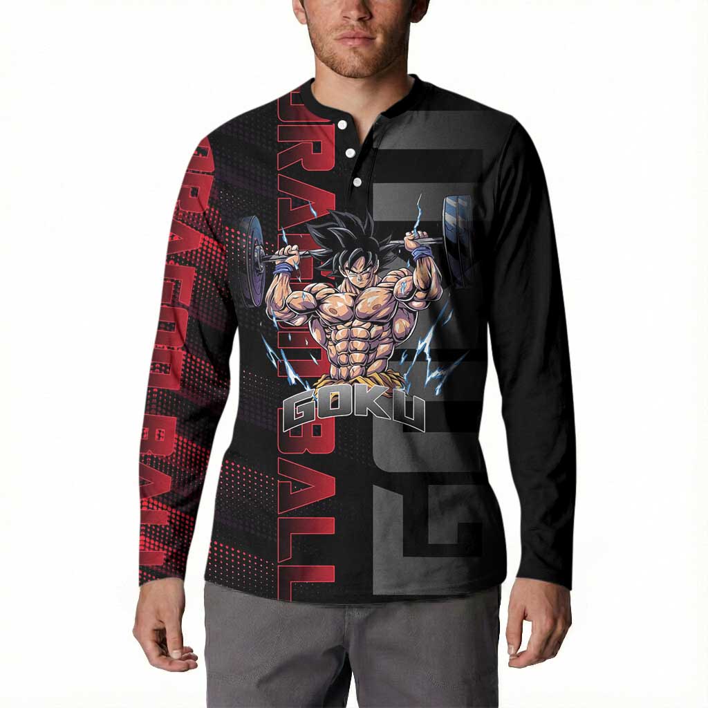 Goku Gym Theme Black and Red Design Button Sweatshirt with Dumbbell Lightning Art and Muscle Training Pose - The Mazicc
