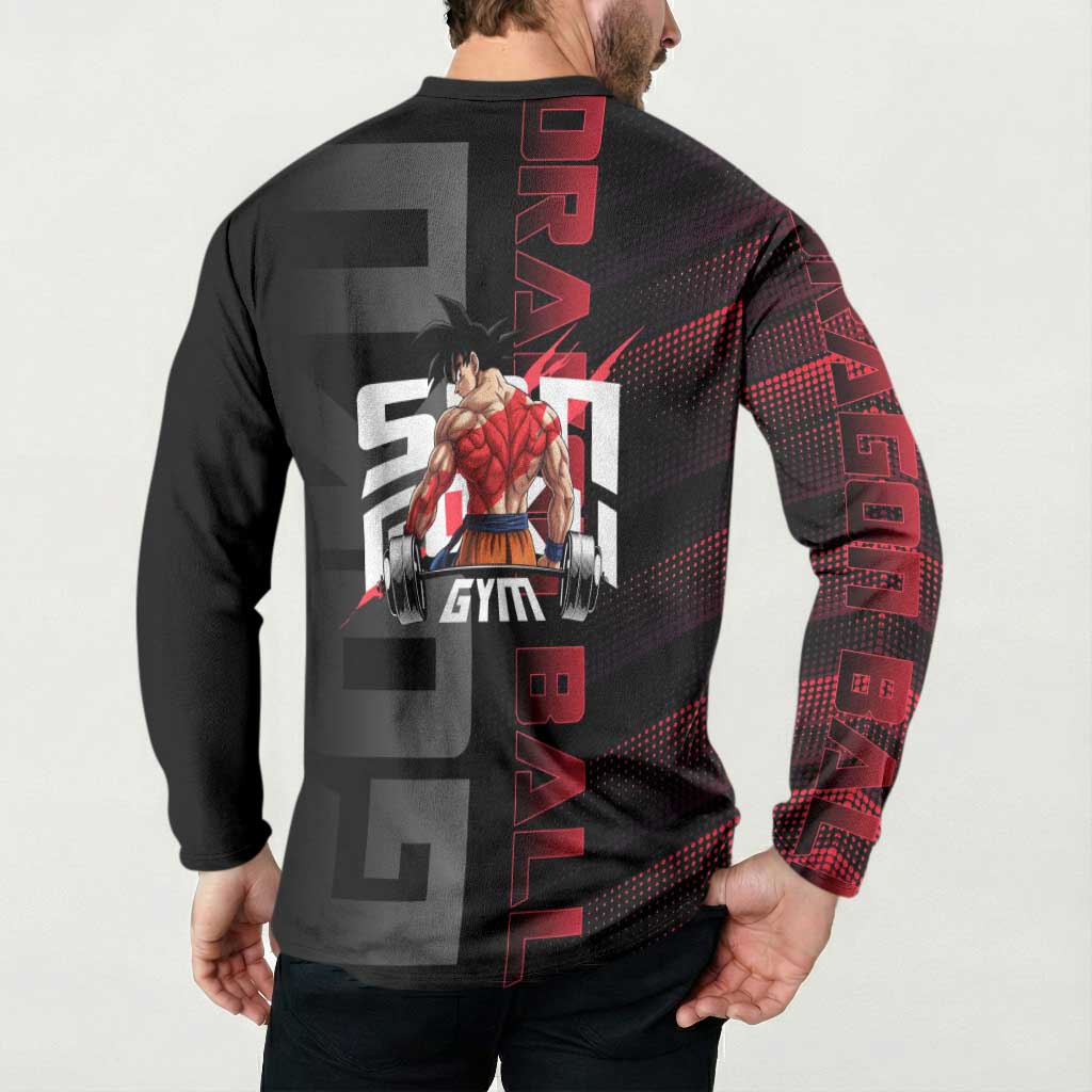 Goku Gym Theme Black and Red Design Button Sweatshirt with Dumbbell Lightning Art and Muscle Training Pose - The Mazicc