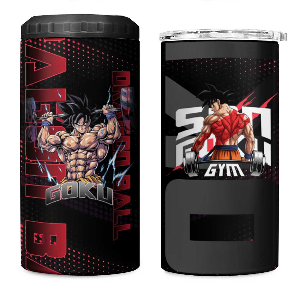 Goku Gym Theme Black and Red Design 4 in 1 Can Cooler Tumbler with Dumbbell Lightning Art and Muscle Training Pose - The Mazicc
