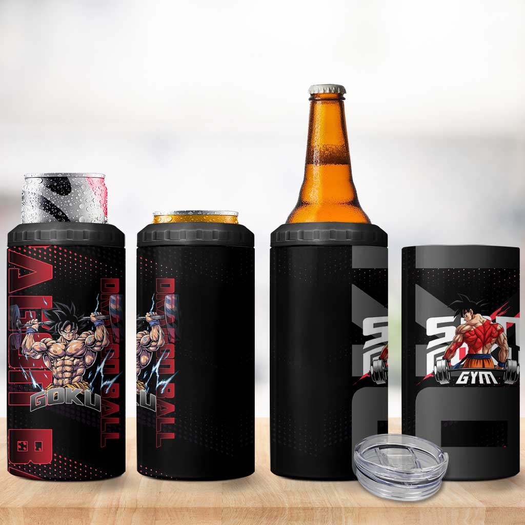 Goku Gym Theme Black and Red Design 4 in 1 Can Cooler Tumbler with Dumbbell Lightning Art and Muscle Training Pose - The Mazicc