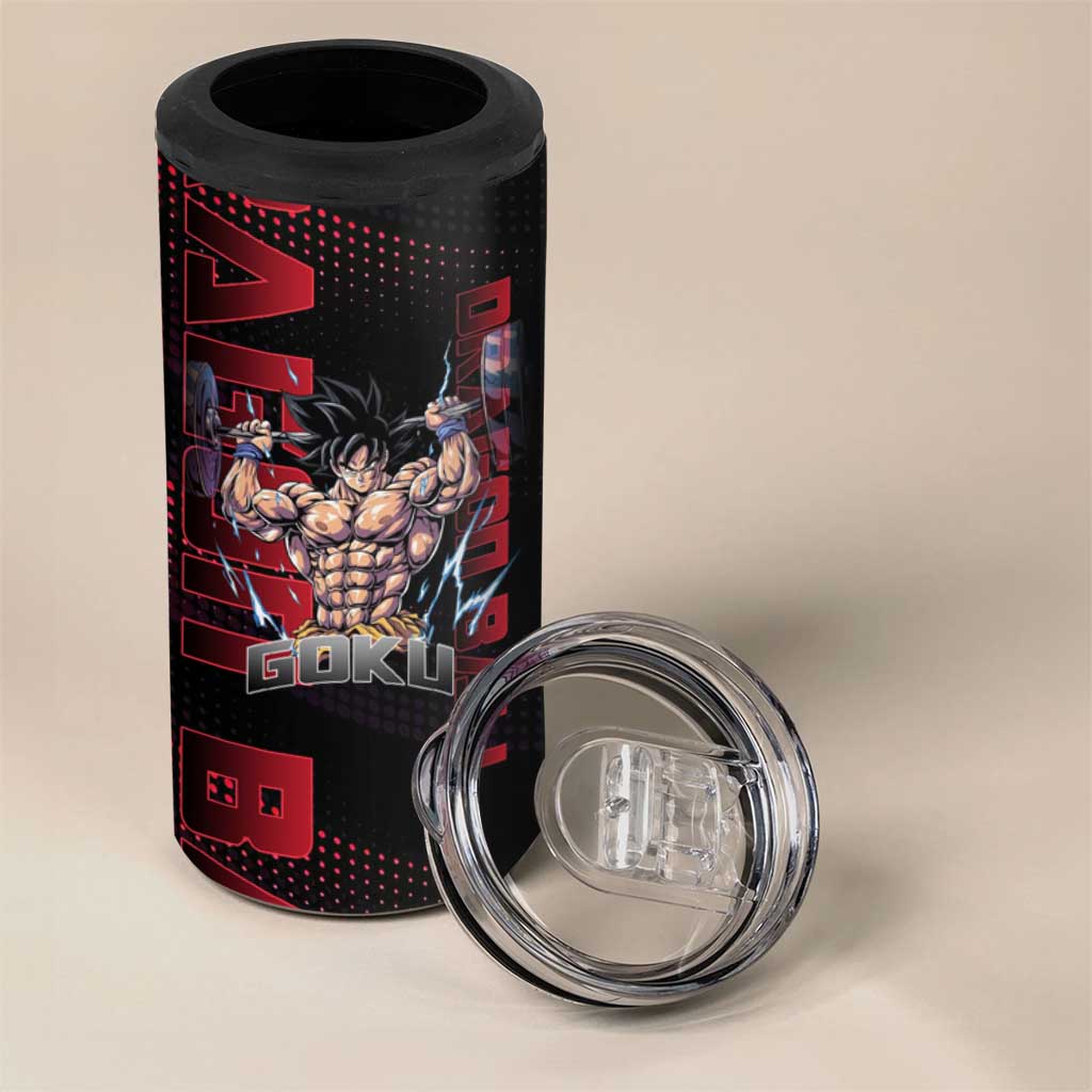 Goku Gym Theme Black and Red Design 4 in 1 Can Cooler Tumbler with Dumbbell Lightning Art and Muscle Training Pose - The Mazicc