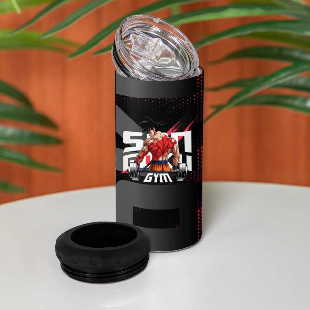 Goku Gym Theme Black and Red Design 4 in 1 Can Cooler Tumbler with Dumbbell Lightning Art and Muscle Training Pose - The Mazicc