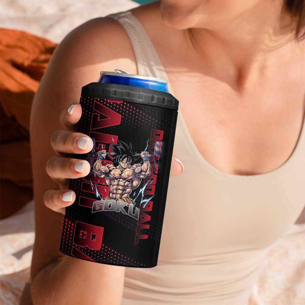 Goku Gym Theme Black and Red Design 4 in 1 Can Cooler Tumbler with Dumbbell Lightning Art and Muscle Training Pose - The Mazicc