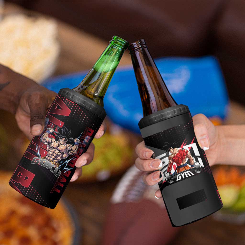 Goku Gym Theme Black and Red Design 4 in 1 Can Cooler Tumbler with Dumbbell Lightning Art and Muscle Training Pose - The Mazicc