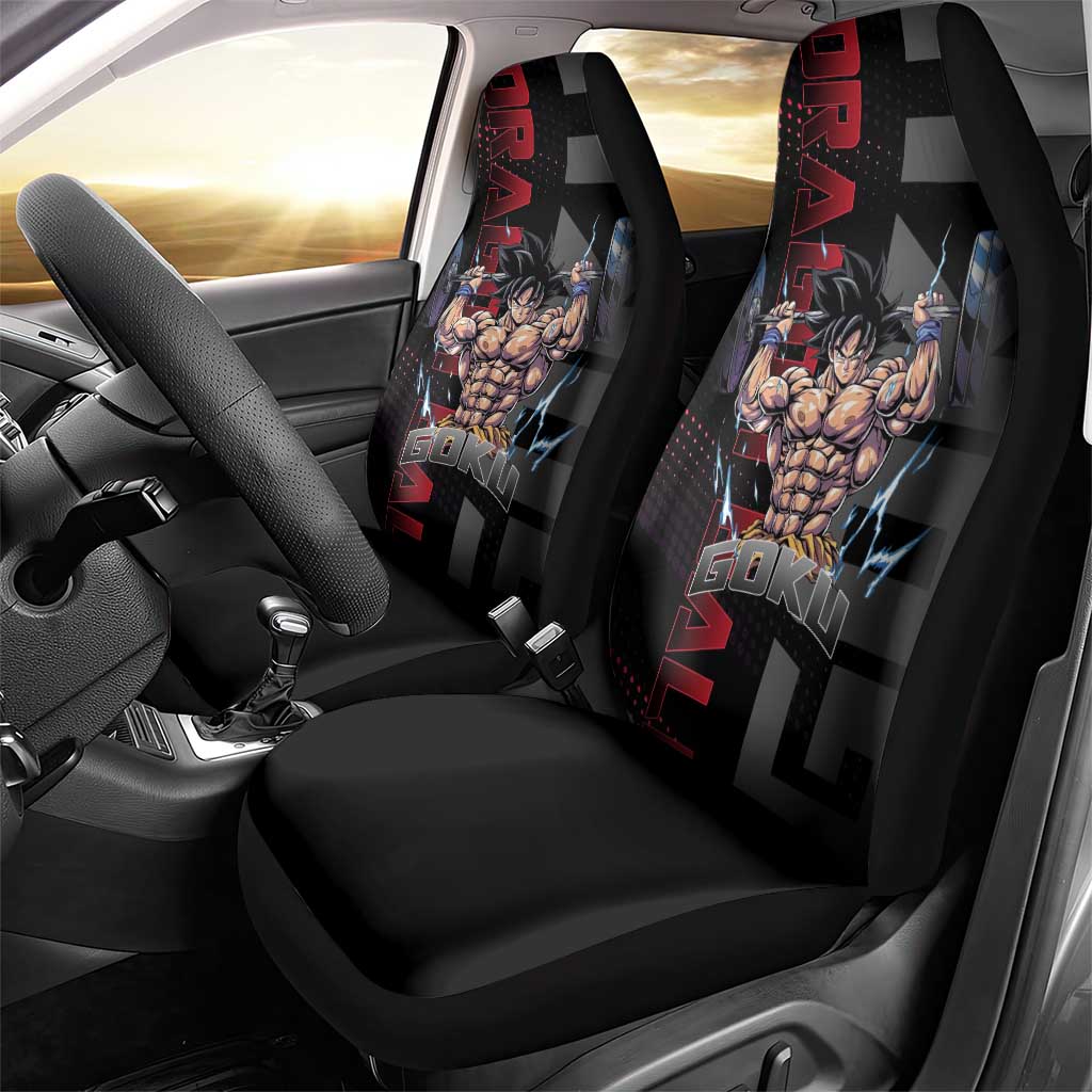 Goku Gym Theme Black and Red Design Car Seat Cover with Dumbbell Lightning Art and Muscle Training Pose - The Mazicc