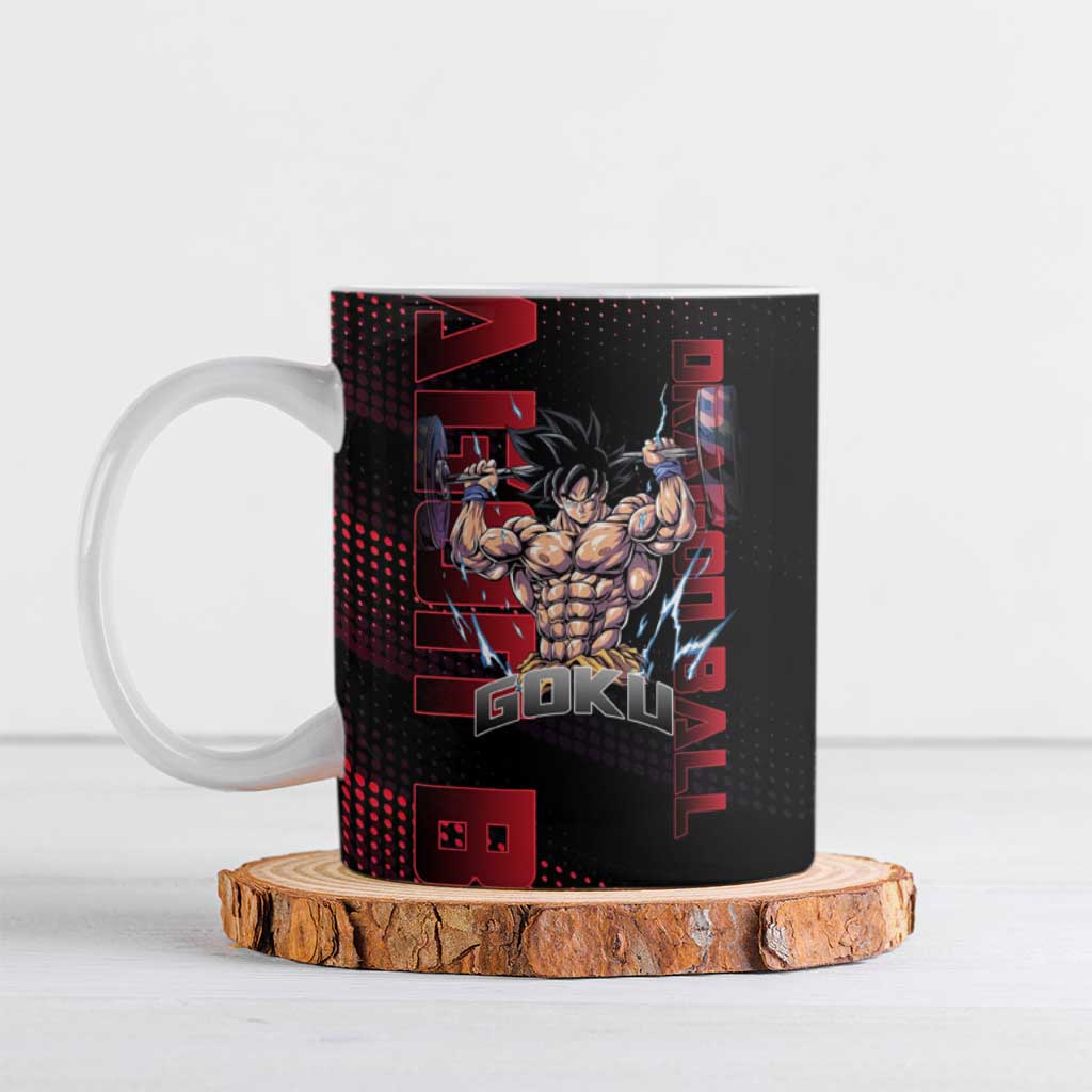 Goku Gym Theme Black and Red Design Ceramic Mug with Dumbbell Lightning Art and Muscle Training Pose - The Mazicc