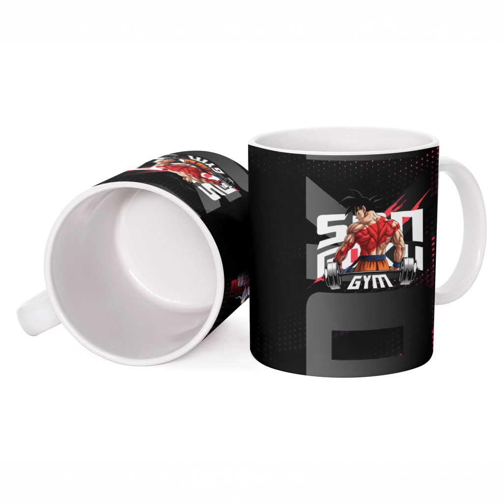 Goku Gym Theme Black and Red Design Ceramic Mug with Dumbbell Lightning Art and Muscle Training Pose - The Mazicc