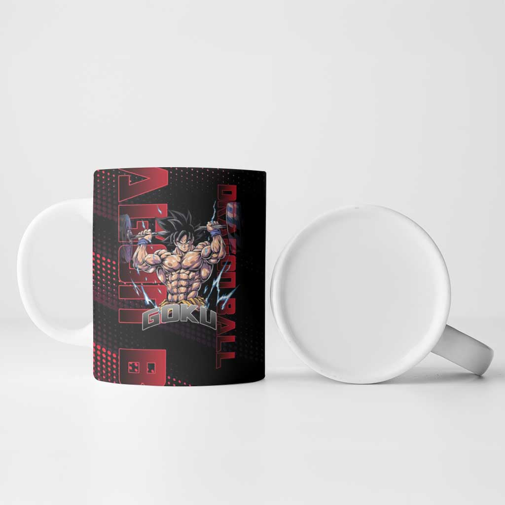 Goku Gym Theme Black and Red Design Ceramic Mug with Dumbbell Lightning Art and Muscle Training Pose - The Mazicc