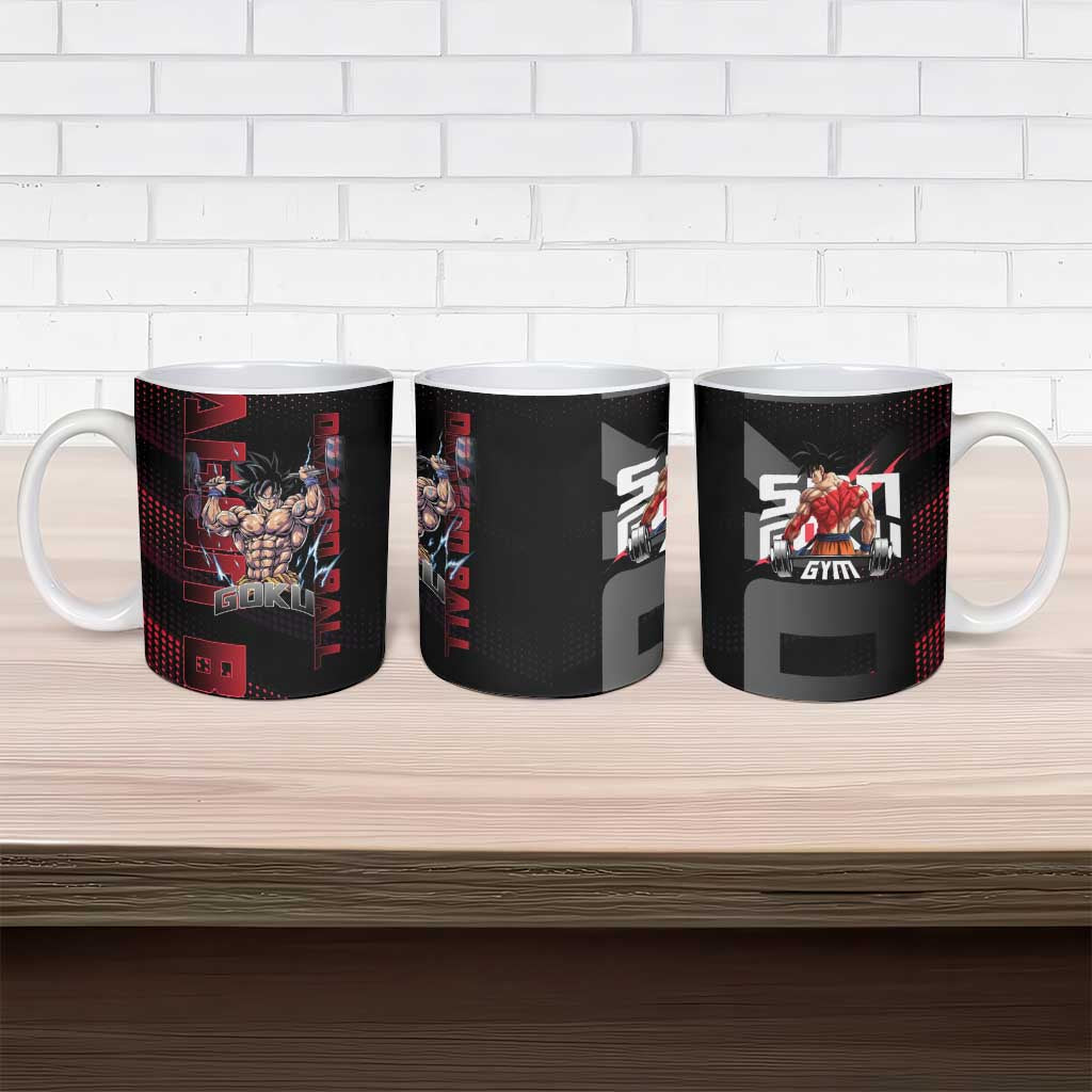 Goku Gym Theme Black and Red Design Ceramic Mug with Dumbbell Lightning Art and Muscle Training Pose - The Mazicc