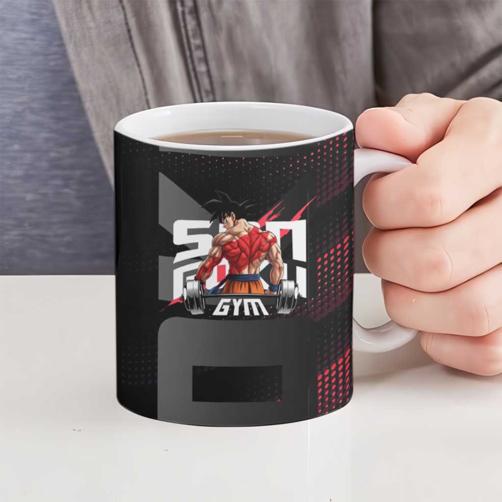 Goku Gym Theme Black and Red Design Ceramic Mug with Dumbbell Lightning Art and Muscle Training Pose - The Mazicc