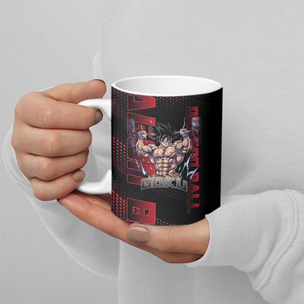 Goku Gym Theme Black and Red Design Ceramic Mug with Dumbbell Lightning Art and Muscle Training Pose - The Mazicc