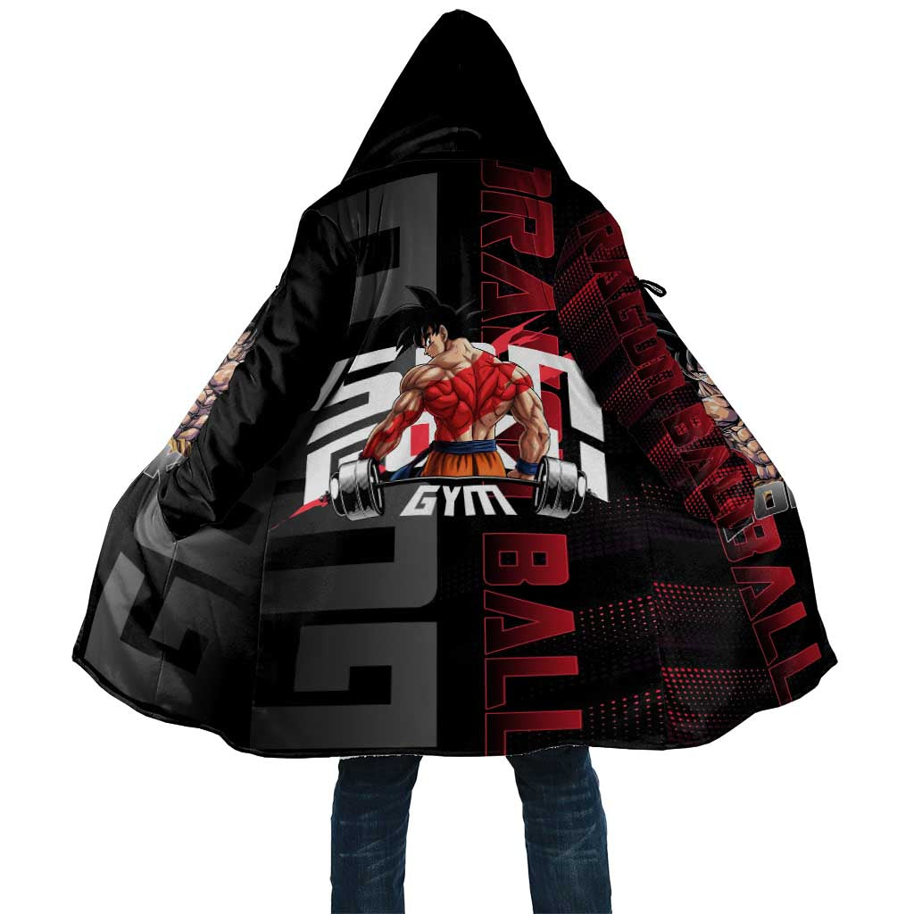 Goku Gym Theme Black and Red Design Cloak with Dumbbell Lightning Art and Muscle Training Pose - The Mazicc