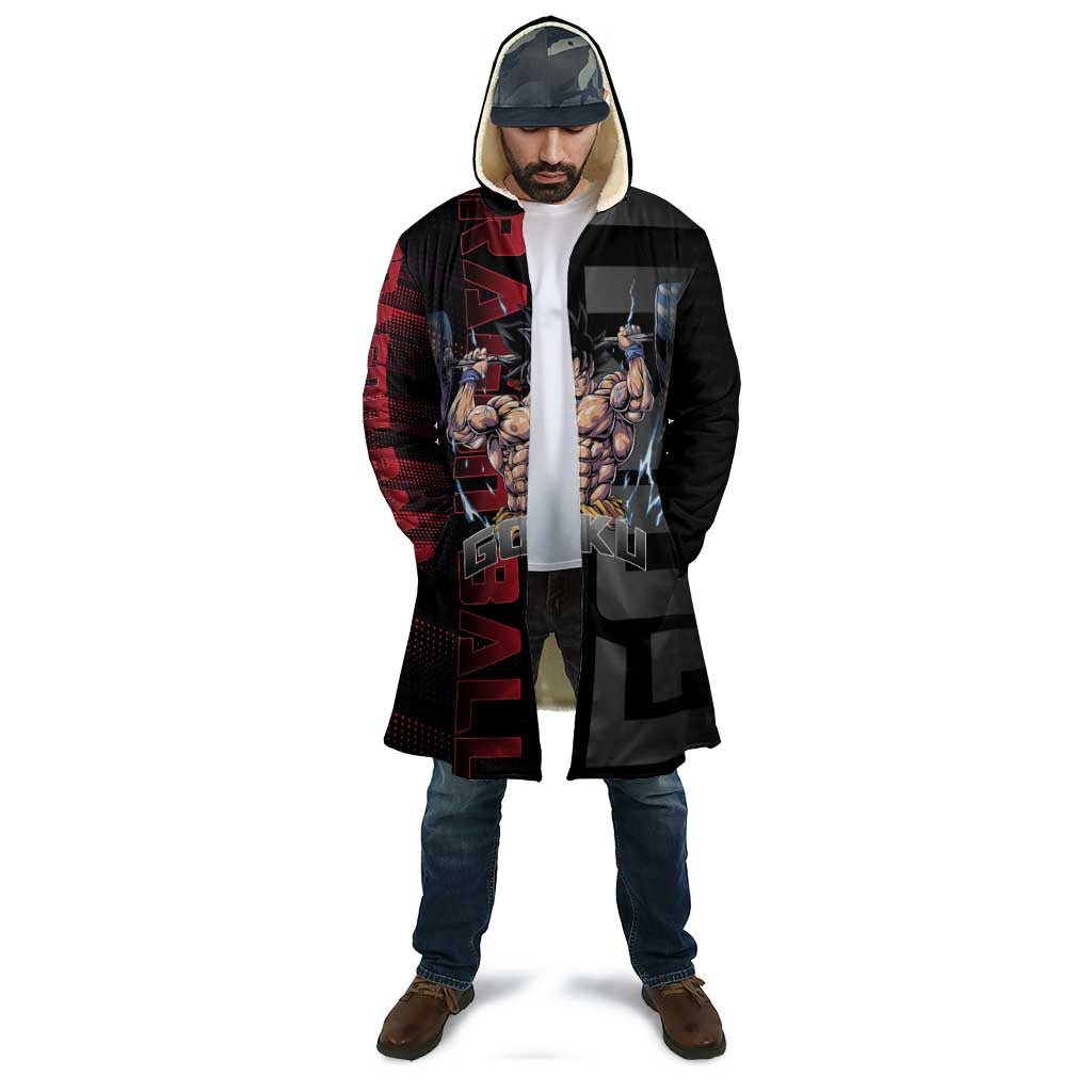 Goku Gym Theme Black and Red Design Cloak with Dumbbell Lightning Art and Muscle Training Pose - The Mazicc