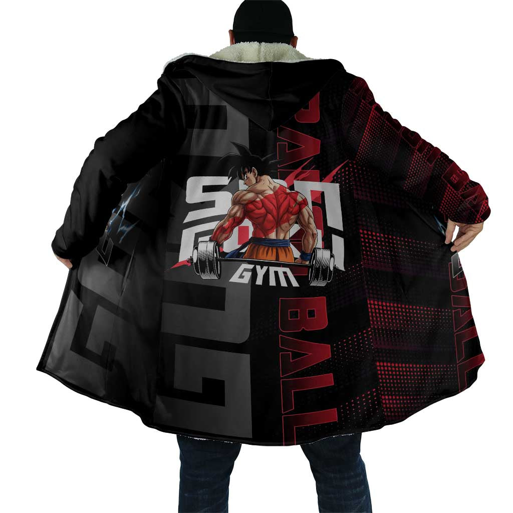 Goku Gym Theme Black and Red Design Cloak with Dumbbell Lightning Art and Muscle Training Pose - The Mazicc