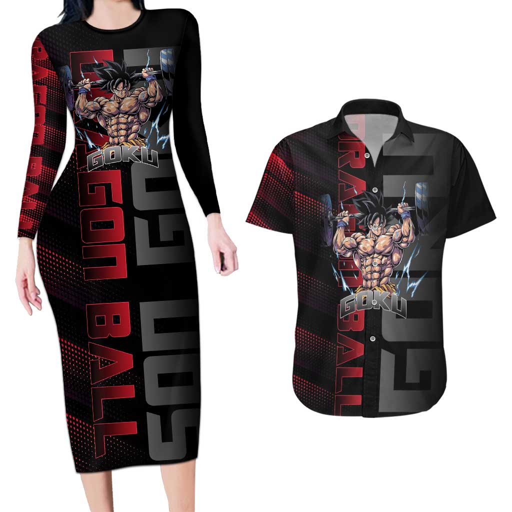 Goku Gym Theme Black and Red Design Couples Matching Long Sleeve Bodycon Dress and Hawaiian Shirt with Dumbbell Lightning Art and Muscle Training Pose - The Mazicc