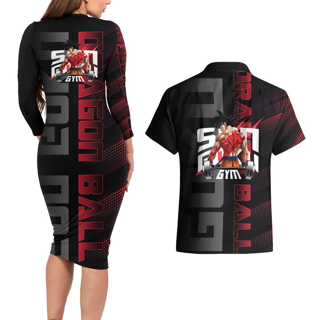Goku Gym Theme Black and Red Design Couples Matching Long Sleeve Bodycon Dress and Hawaiian Shirt with Dumbbell Lightning Art and Muscle Training Pose - The Mazicc
