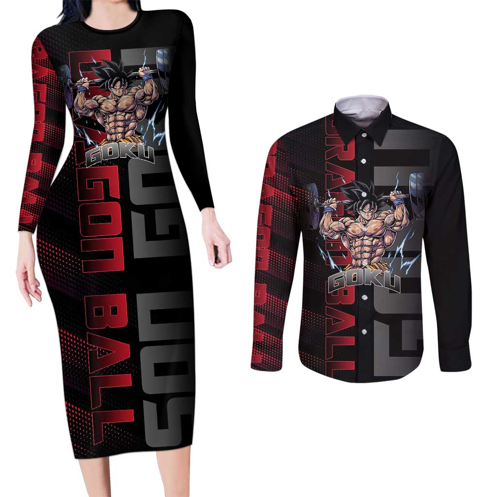 Goku Gym Theme Black and Red Design Couples Matching Long Sleeve Bodycon Dress and Long Sleeve Button Shirt with Dumbbell Lightning Art and Muscle Training Pose - The Mazicc