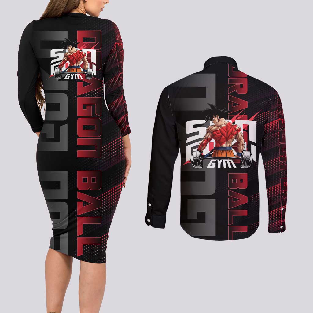 Goku Gym Theme Black and Red Design Couples Matching Long Sleeve Bodycon Dress and Long Sleeve Button Shirt with Dumbbell Lightning Art and Muscle Training Pose - The Mazicc