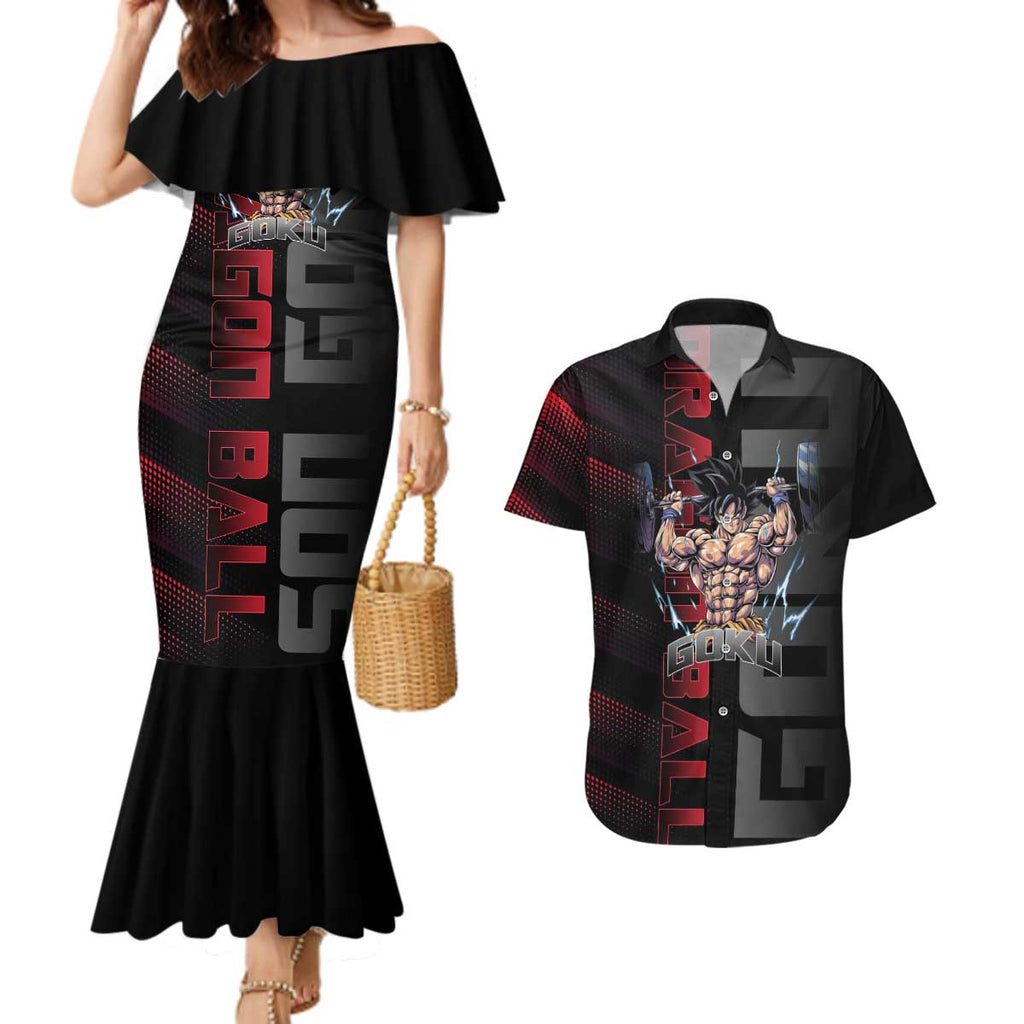 Goku Gym Theme Black and Red Design Couples Matching Mermaid Dress and Hawaiian Shirt with Dumbbell Lightning Art and Muscle Training Pose - The Mazicc