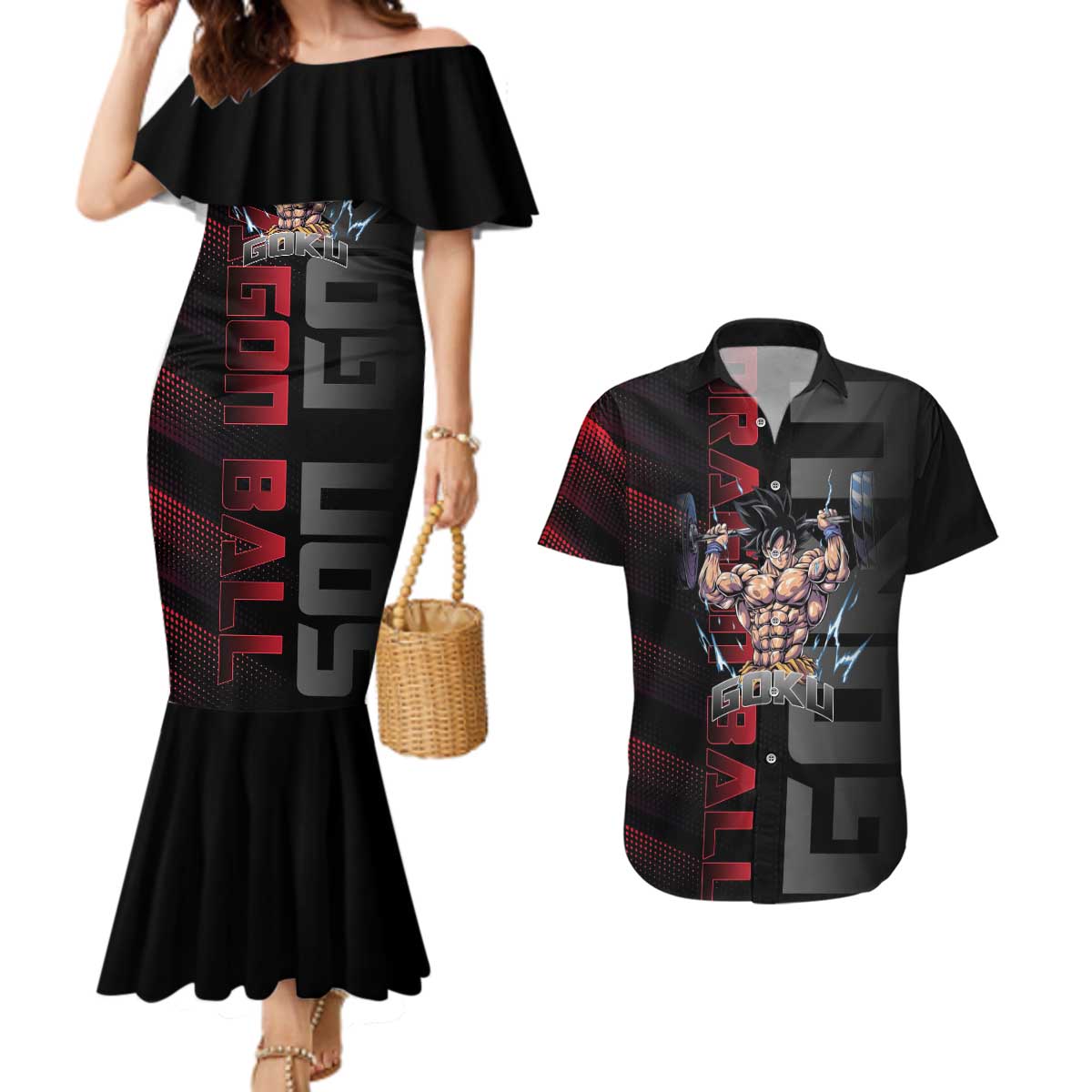 Goku Gym Theme Black and Red Design Couples Matching Mermaid Dress and Hawaiian Shirt with Dumbbell Lightning Art and Muscle Training Pose - The Mazicc