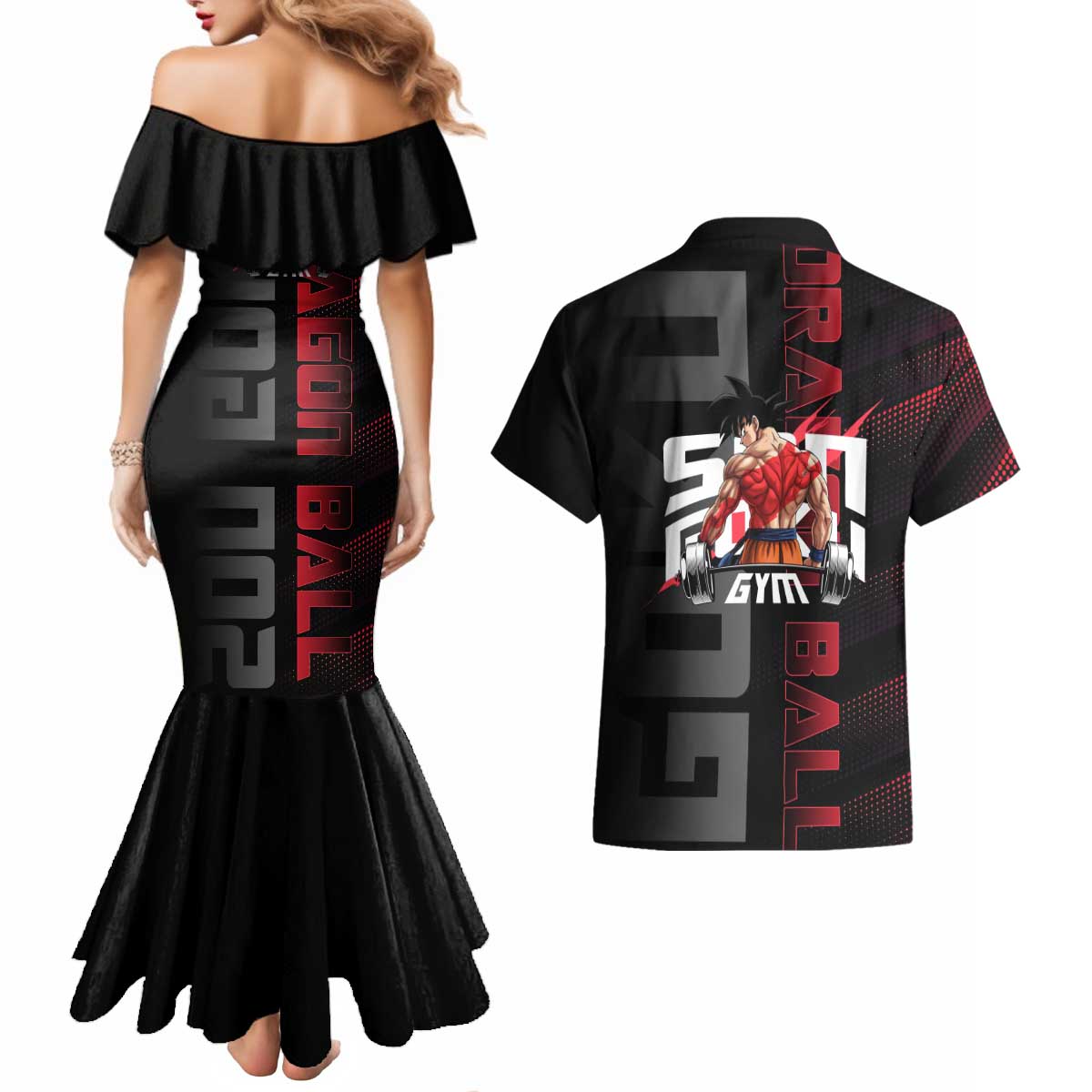 Goku Gym Theme Black and Red Design Couples Matching Mermaid Dress and Hawaiian Shirt with Dumbbell Lightning Art and Muscle Training Pose - The Mazicc
