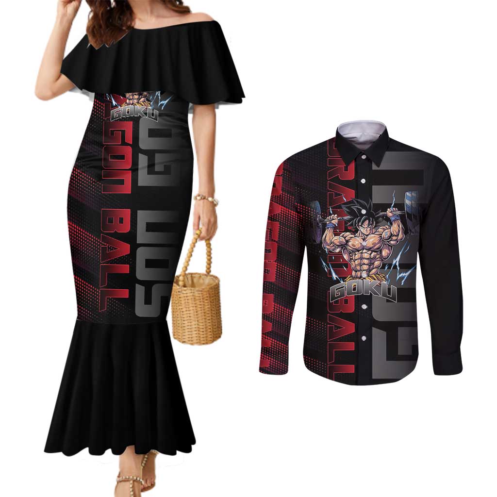 Goku Gym Theme Black and Red Design Couples Matching Mermaid Dress and Long Sleeve Button Shirt with Dumbbell Lightning Art and Muscle Training Pose - The Mazicc