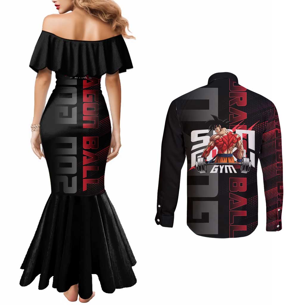 Goku Gym Theme Black and Red Design Couples Matching Mermaid Dress and Long Sleeve Button Shirt with Dumbbell Lightning Art and Muscle Training Pose - The Mazicc