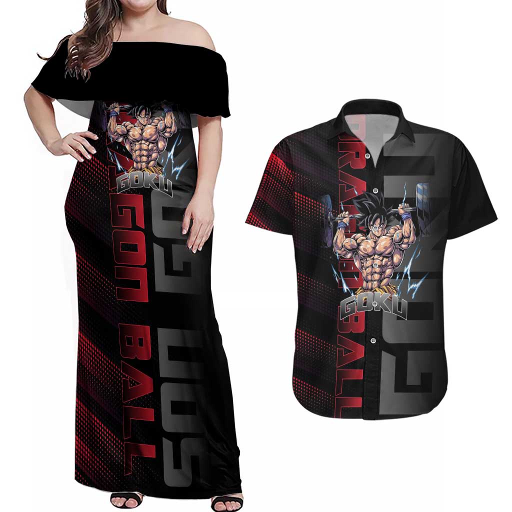 Goku Gym Theme Black and Red Design Couples Matching Off Shoulder Maxi Dress and Hawaiian Shirt with Dumbbell Lightning Art and Muscle Training Pose - The Mazicc