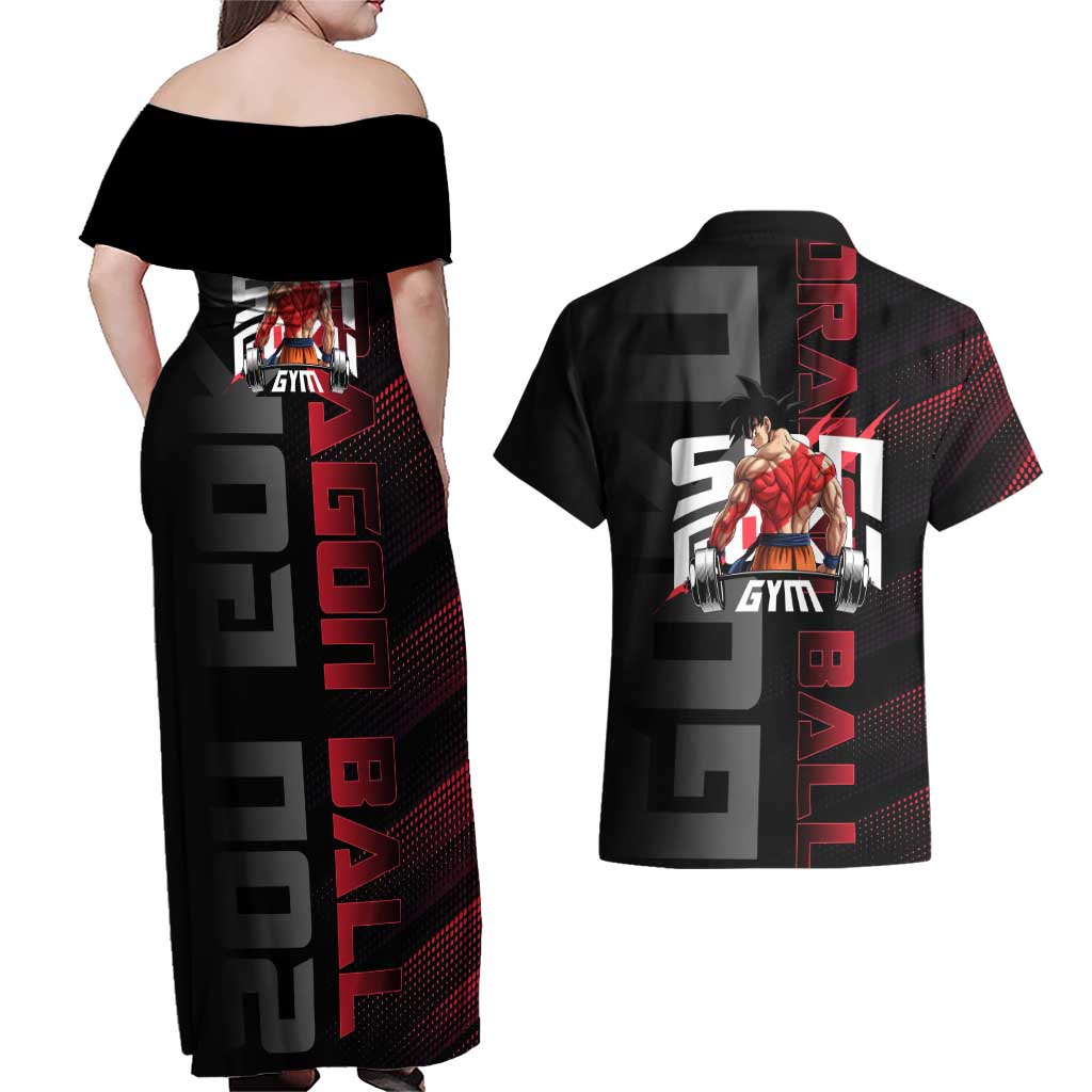 Goku Gym Theme Black and Red Design Couples Matching Off Shoulder Maxi Dress and Hawaiian Shirt with Dumbbell Lightning Art and Muscle Training Pose - The Mazicc
